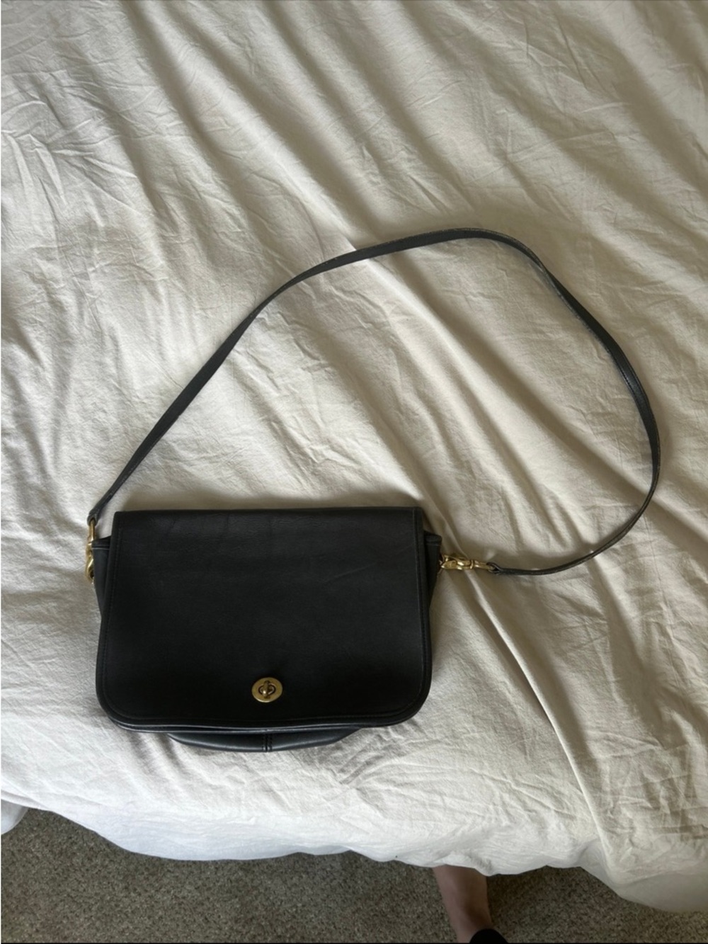 Vintage Coach Black Leather Crossbody with Gold Hardware